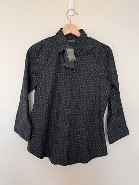 Ralph Lauren Black Button-Up Shirt with Green Polka Dots, 3/4 sleeve